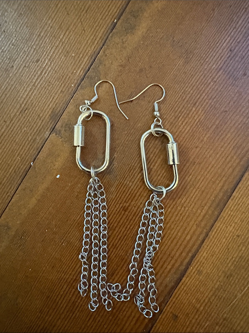 Hand-Crafted Silver Carabiner Chain Tassel Drop Earrings